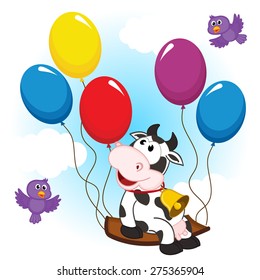 Cow On Balloon - Vector Illustration, Eps