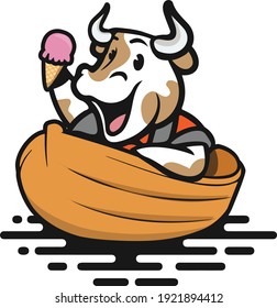 cow on the boat grabbing ice cream
