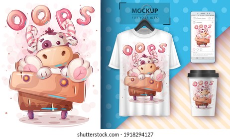 Cow on the cupboard - poster and merchandising. Vector eps 10