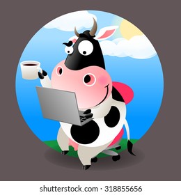 cow on desk chair using computer with a cup of coffee in hand