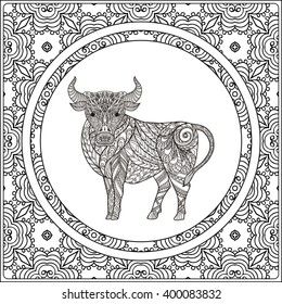 Cow on ethnic pattern background. Coloring book for adult and older children. Coloring page. Outline drawing. Vector illustration.