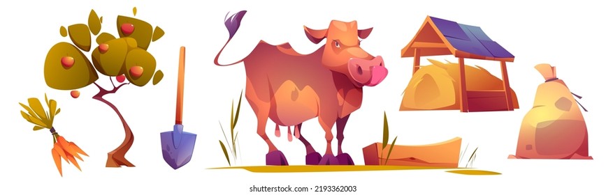 Cow On Farm Cartoon Vector Illustration Set. Hay Stack, Sack, Shovel, Apple Tree And Bunch Of Carrots Isolated On White Background. Organic Fruit, Vegetable, Milk Production. Agricultural Business