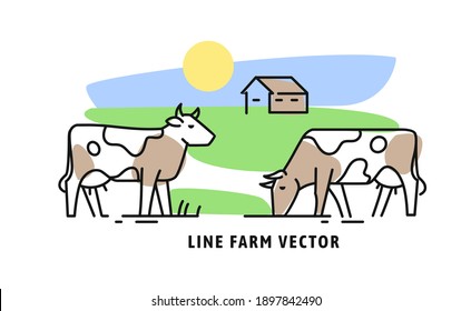 Cow on farm line icon. Emblem design template in trendy linear style. For milk and organic dairy industry. Fresh food from village