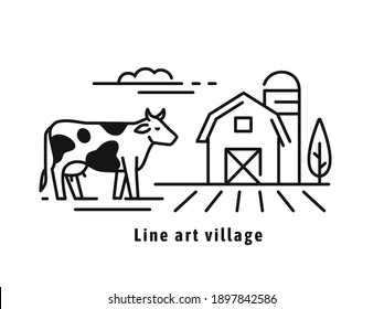 Cow on farm line icon. Emblem design template in trendy linear style. For milk and organic dairy industry. Fresh food from village