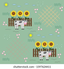 Cow on fence background, seamless pattern, light green background, illustration for children, vector