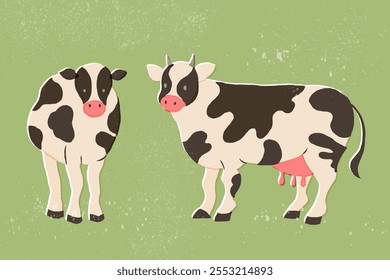 Vaca sobre fondo verde. Ilustración plana de Vector.