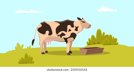 Cow on green pasture. Farm animal eating grass. Grazing cattle, livestock agricultural industry. Dairy products, meat, beef production. Flat vector illustration.