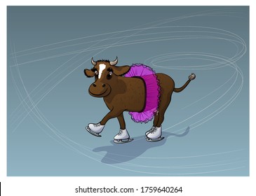 A cow on the ice rink. Vector illustration
