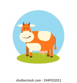 Cow on the lawn against the sky in flat style. Icon. Vector illustration