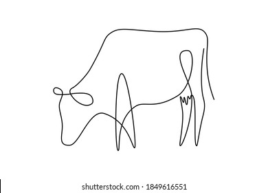 Cow on pasture in continuous line art drawing style. Grazing cow abstract minimalist black linear sketch isolated on white background. Vector illustration