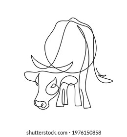 Cow on pasture in continuous line art drawing style. Grazing cow minimalist black linear sketch isolated on white background. Vector illustration