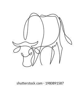 Cow on pasture in continuous line art drawing style. Grazing cow minimalist black linear design isolated on white background. Vector illustration