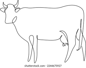 Cow on pasture in continuous line art drawing style. Grazing cow abstract minimalist black linear sketch isolated on white background. Vector illustration