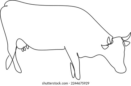 Cow on pasture in continuous line art drawing style. Grazing cow abstract minimalist black linear sketch isolated on white background. Vector illustration