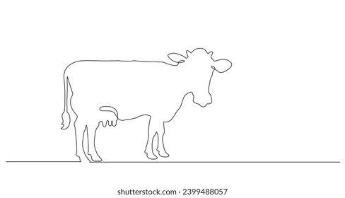 Cow on pasture in continuous line art drawing style. Grazing cow minimalist black linear sketch isolated on white background. Vector illustration