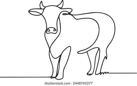 Cow on pasture in continuous line art drawing style. Grazing cow minimalist black linear sketch isolated on white background.