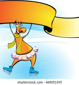 cow on the rink holding a poster, Vector illustration in flat, cartoon style isolated from the background, EPS 10