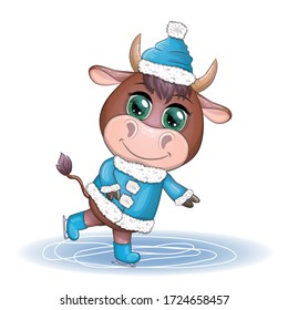 Cow on skates flat vector animal, lovely cow skating, brown cow making winter sport, outdoor winter activity, human like cow skating