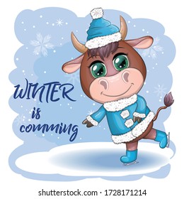 Cow on skates flat vector animal, lovely cow skating, brown cow making winter sport, outdoor winter activity, human like cow skating. Winter is cooming