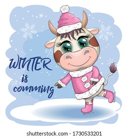 Cow on skates flat vector animal, lovely cow skating, brown cow making winter sport, outdoor winter activity, human like cow skating. Winter is cooming