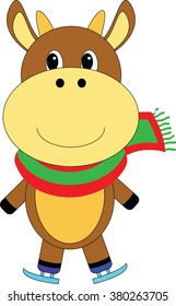 Cow on skates flat vector animal, lovely cow skating vector illustration, brown cow making winter sport, nursery illustration winter activity, outdoor winter activity, human like cow skating