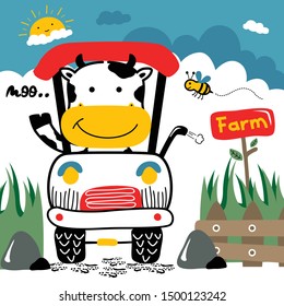 cow on the tractor in the farm funny animal cartoon,vector illustration