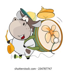 A cow one-man band. Cartoon 