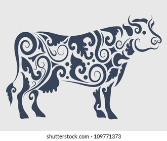 Cow ornament vector. Cow drawing with floral ornament decoration. Use for any design you want