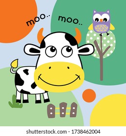 cow and owl funny animal cartoon,vector illustration