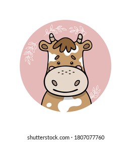 Cow, ox. Cute funny hand drawn animal sticker or label. Cartoon doodle sketch style. Vector illustration for print: card, banner, poster, baby cloth, sticker, interior elements for nursery.