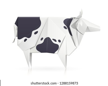 Cow. Paper origami toy. Handmade bull. Handicraft art. Horny animal. Isolated white background. EPS10 vector illustration.