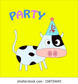 Cow in Party with yellow background