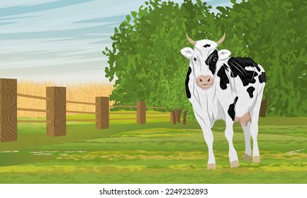 Vaca en el pasto. Pradera de verano con hierba verde. Animales de granja y de granja. Paisaje vectorial realista