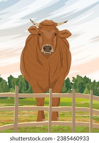 Cow in the pasture. Summer meadow with green grass. Farm and farm animals. Realistic vector vertical landscape