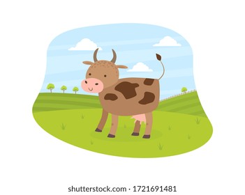 Cow Pasturing on Meadow, Summer Rural Landscape Vector Illustration
