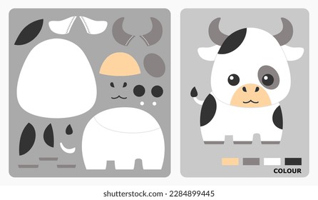 Cow pattern for felt, applique, patchwork and paper craft. Vector illustration of a animal puzzle. cut and paste patterns for kindergarten crafts.