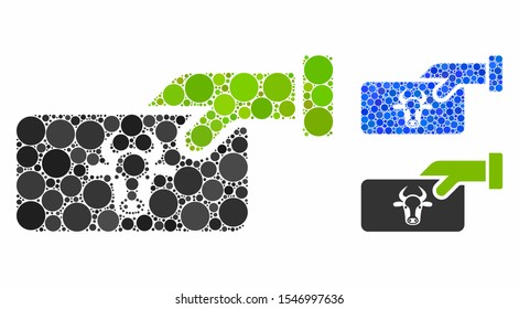 Cow payment composition of filled circles in different sizes and color hues, based on cow payment icon. Vector filled circles are organized into blue illustration.