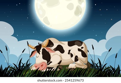 A cow peacefully sleeping beneath a bright moon