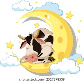 A cow peacefully sleeping on a crescent moon