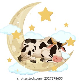 A cow peacefully sleeps on a crescent moon