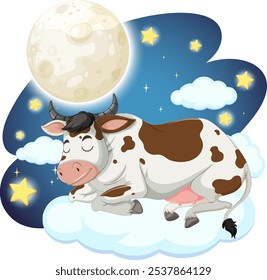 A cow peacefully sleeps on a fluffy cloud