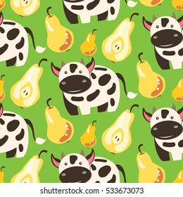 Cow and pears: vector seamless pattern on green background. Children cute illustration. Good for children textile