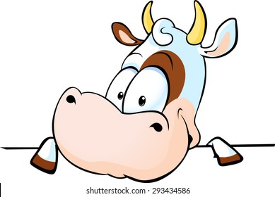 cow peeks out from behind a white surface - vector illustration