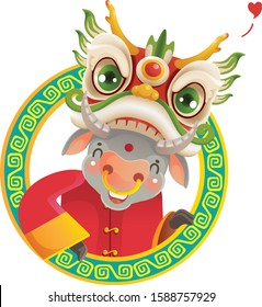 Cow personality. Cow in a circle gestures and smiling. Red cheongsam dress. Bull zodiac symbol of the year 2021. Chinese New Year character design concept. Year of the ox. Cute cartoon style. Vector 