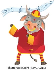 Cow personality. Dancing cow. Red cheongsam dress. Bull zodiac symbol of the year 2021. Chinese New Year character design concept. Year of the ox. gestures and smiling. Cute cartoon style. Vector 