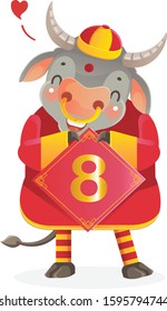 Cow personality. Cow and eight numbers. Chinese auspicious numbers. Red cheongsam dress. Bull zodiac symbol of the year 2021. Chinese New Year character design concept. Year of the ox. gestures vector