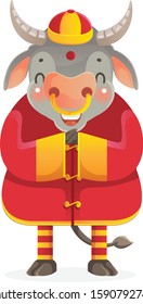 Cow personality. Greeting Cow. Red cheongsam dress. Bull zodiac symbol of the year 2021. Chinese New Year character design concept. Year of the ox. gestures and smiling. Cute cartoon style. Vector 