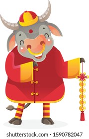 Cow personality. Cow hold chinese coins. Red cheongsam dress. Bull zodiac symbol of the year 2021. Chinese New Year character design concept. Year of the ox. gestures and smiling. Cute cartoon style.