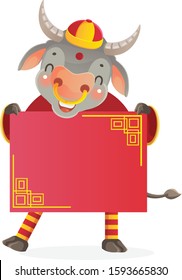 Cow personality. Holding a horizontal rectangle. Red cheongsam dress. Bull zodiac symbol of the year 2021. Chinese New Year character design concept. Year of the ox. gestures and smiling. Cute cartoon