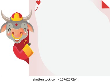 Cow personality. Holding paper square. Red cheongsam dress. Bull zodiac symbol of the year 2021. Chinese New Year character design concept. Year of the ox. gestures and smiling. Cute cartoon style.